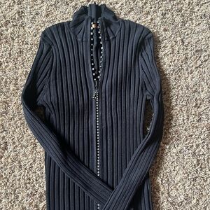 Black Ribbed Zip-Up Sweater
